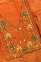 Applique Work Mul Chanderi 3 pc Suit Suit - Rust orange