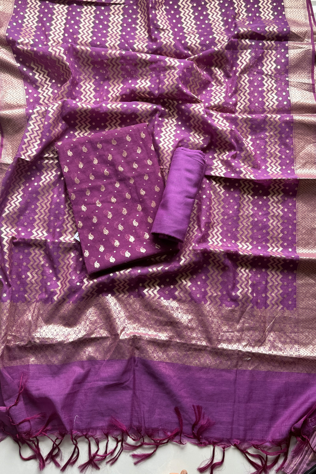 Mul Chanderi with Banarasi weaving - 3 Piece set - Purple Wine