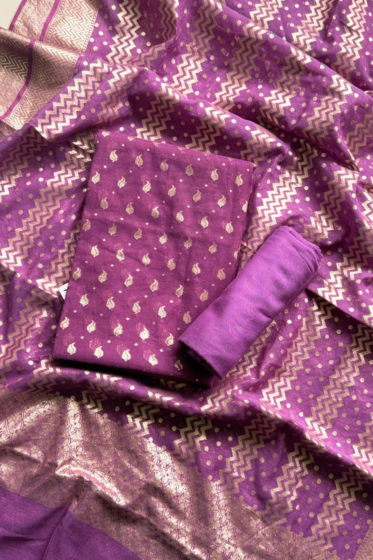 Mul Chanderi with Banarasi weaving - 3 Piece set - Purple Wine