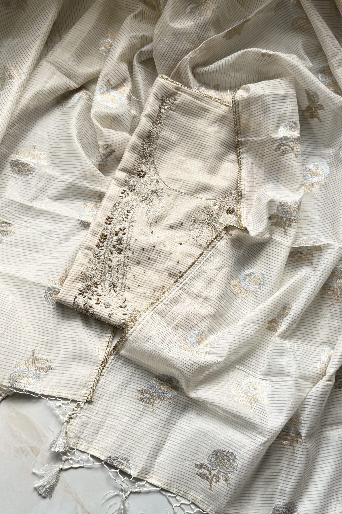 Chanderi Tissue Silk With Banarasi Weaving - 3 Piece set - Off-White