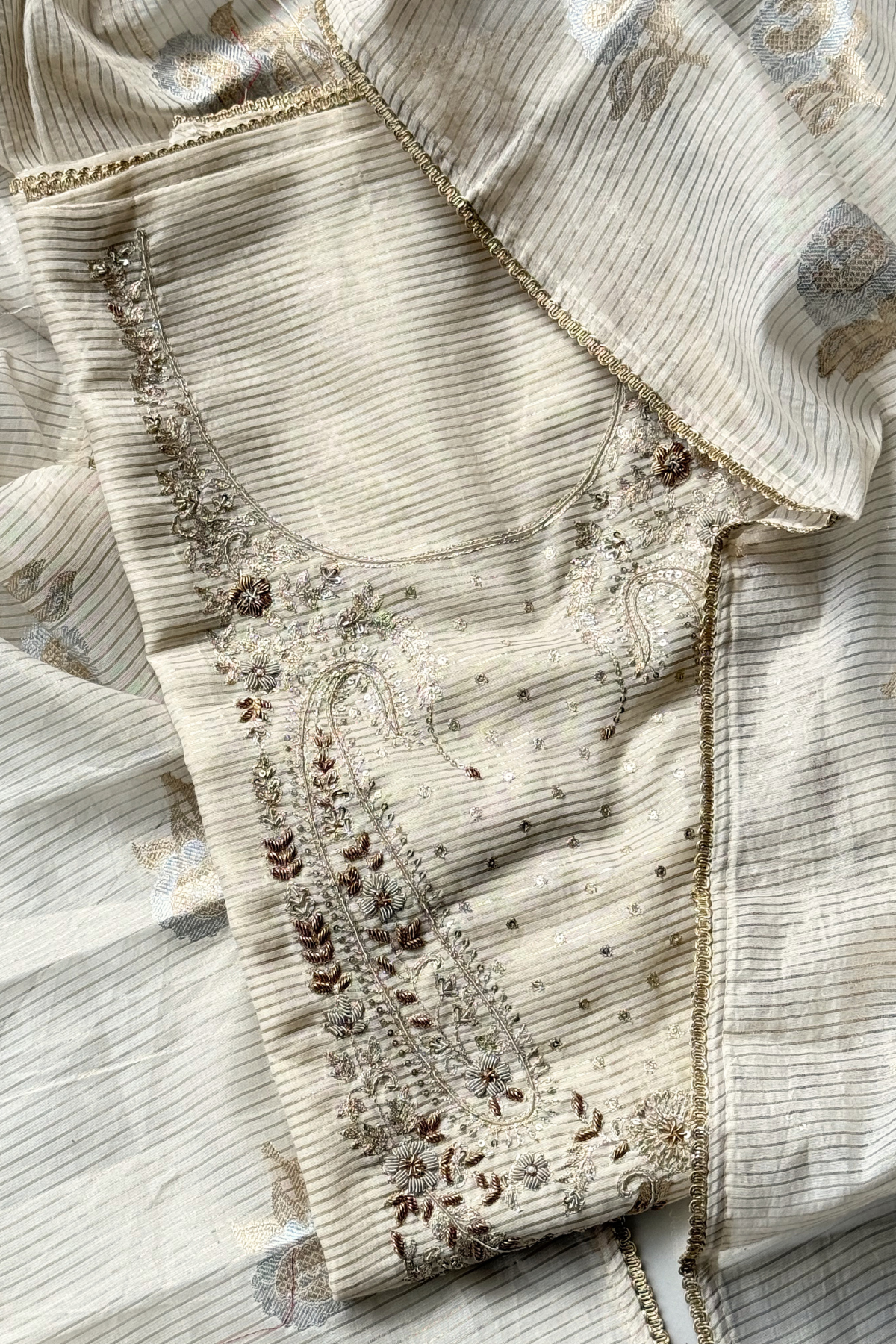 Chanderi Tissue Silk With Banarasi Weaving - 3 Piece set - Off-White