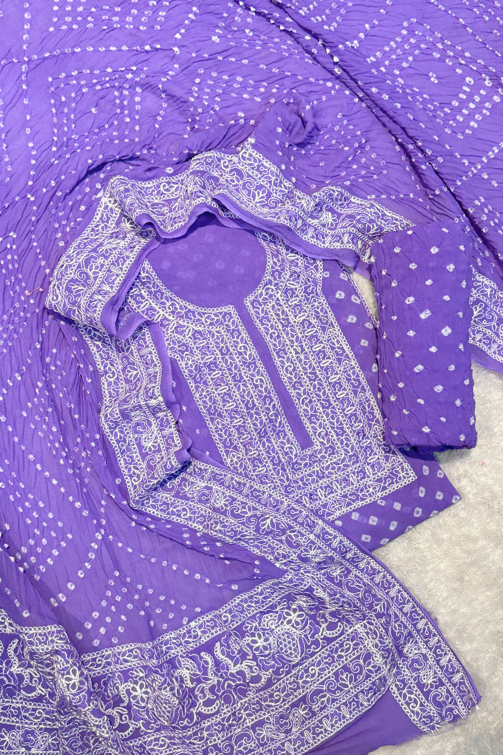Lucknowi style thread work with bandhej - lavender