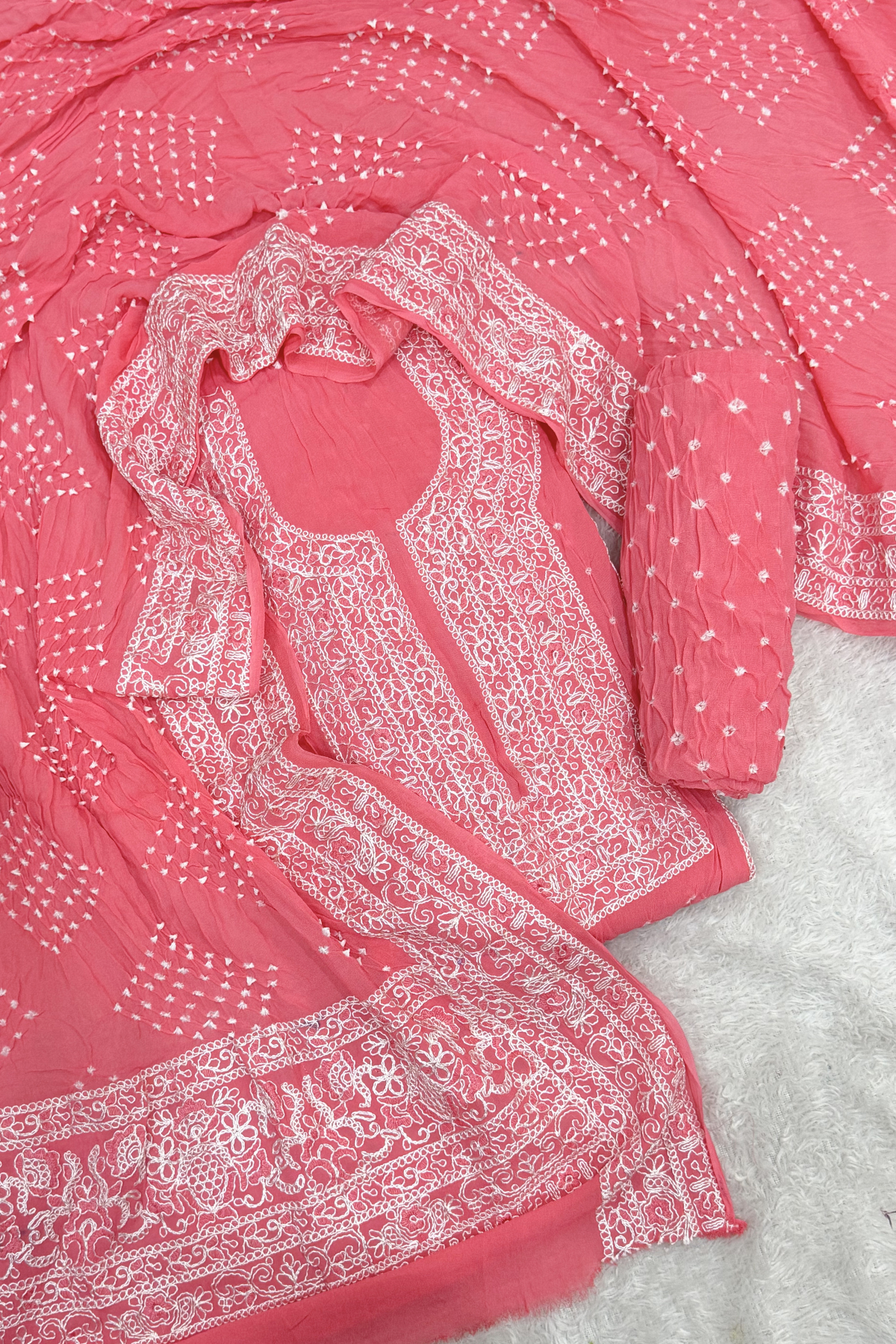 Lucknowi style thread work with bandhej - Peachish Pink