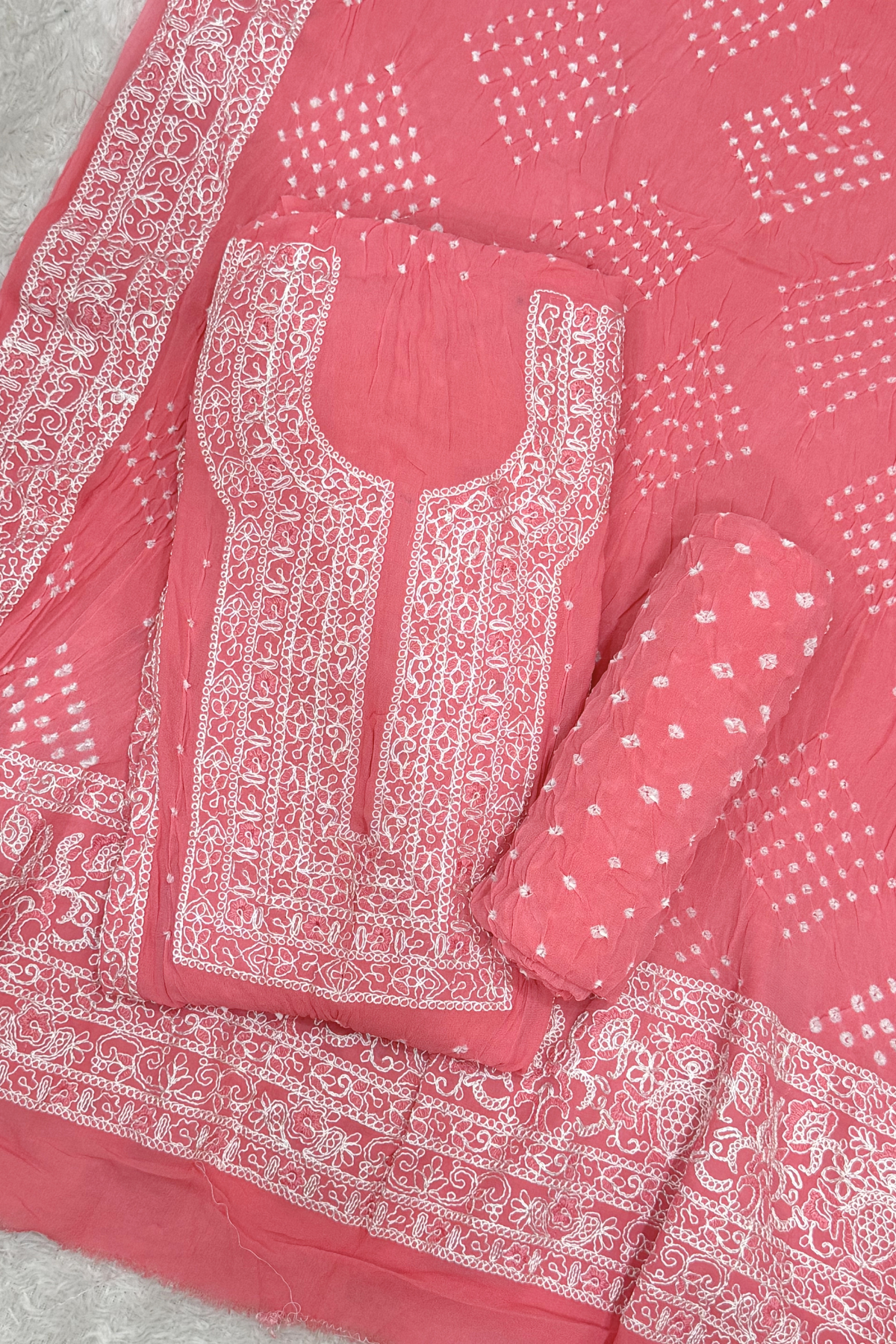 Lucknowi style thread work with bandhej - Peachish Pink