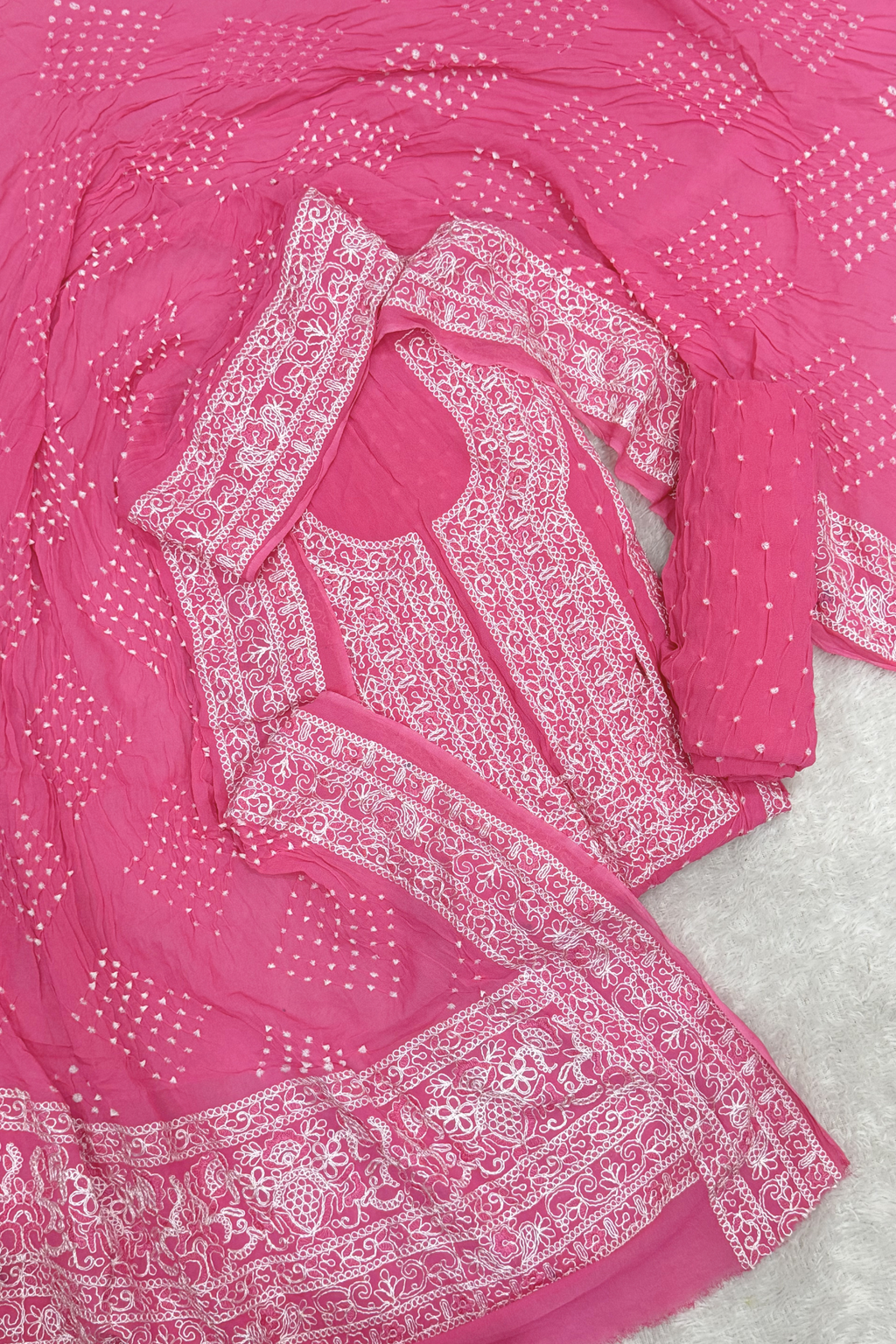 Lucknowi style thread work with bandhej - Neon Pink