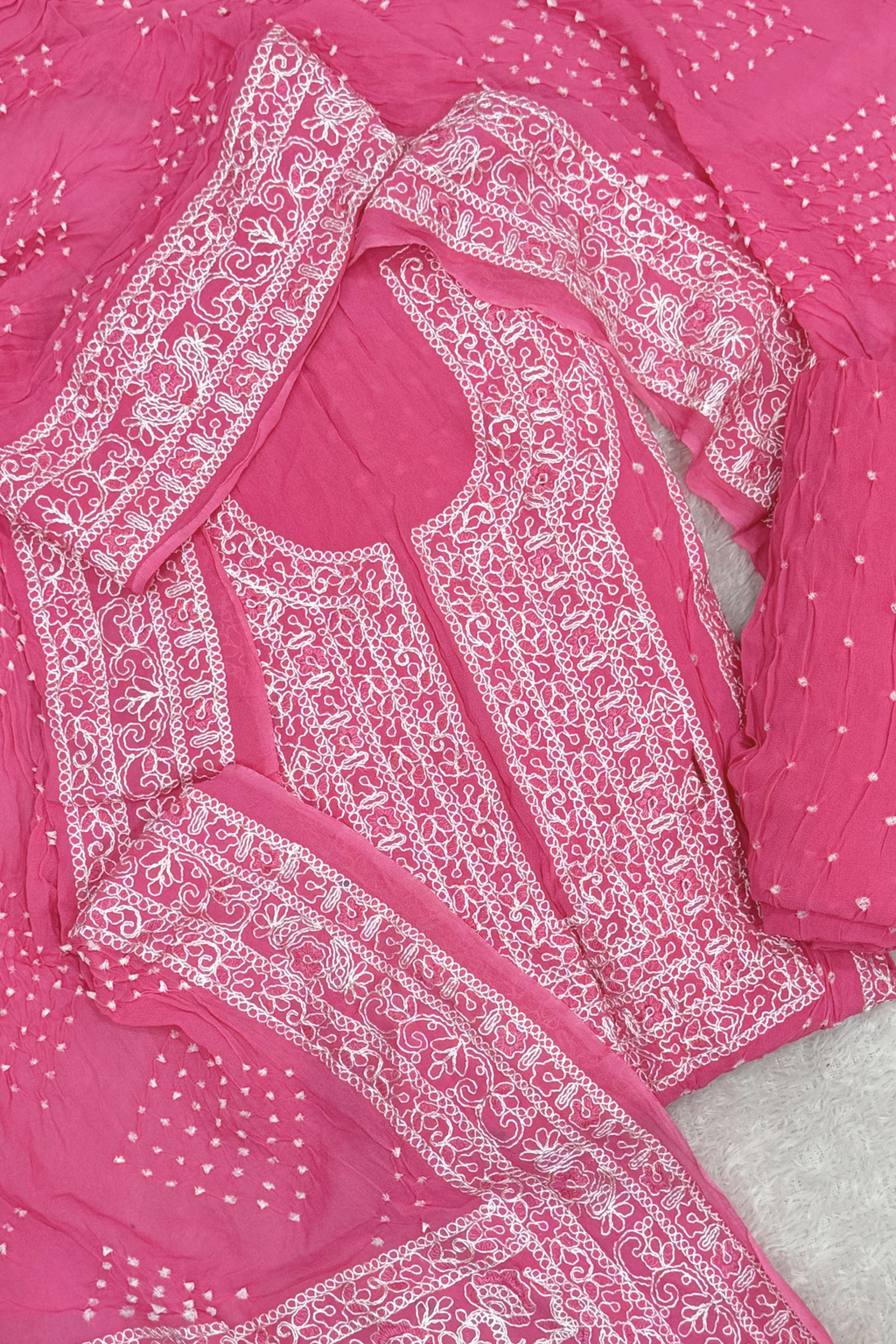 Lucknowi style thread work with bandhej - Neon Pink