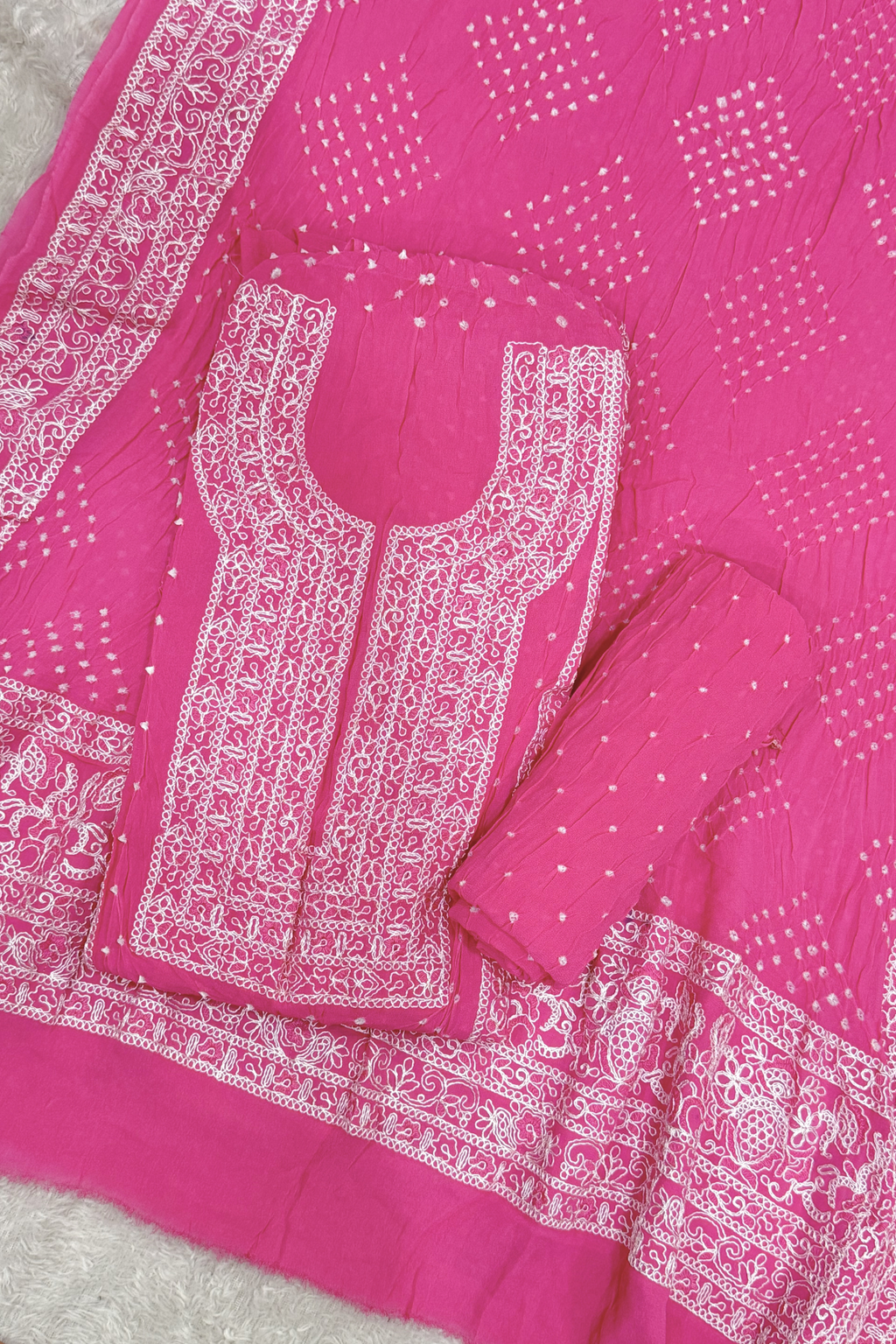 Lucknowi style thread work with bandhej - Neon Pink