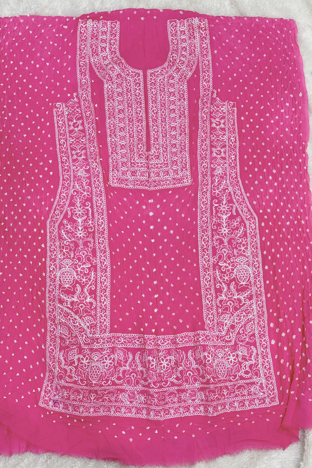 Lucknowi style thread work with bandhej - Neon Pink