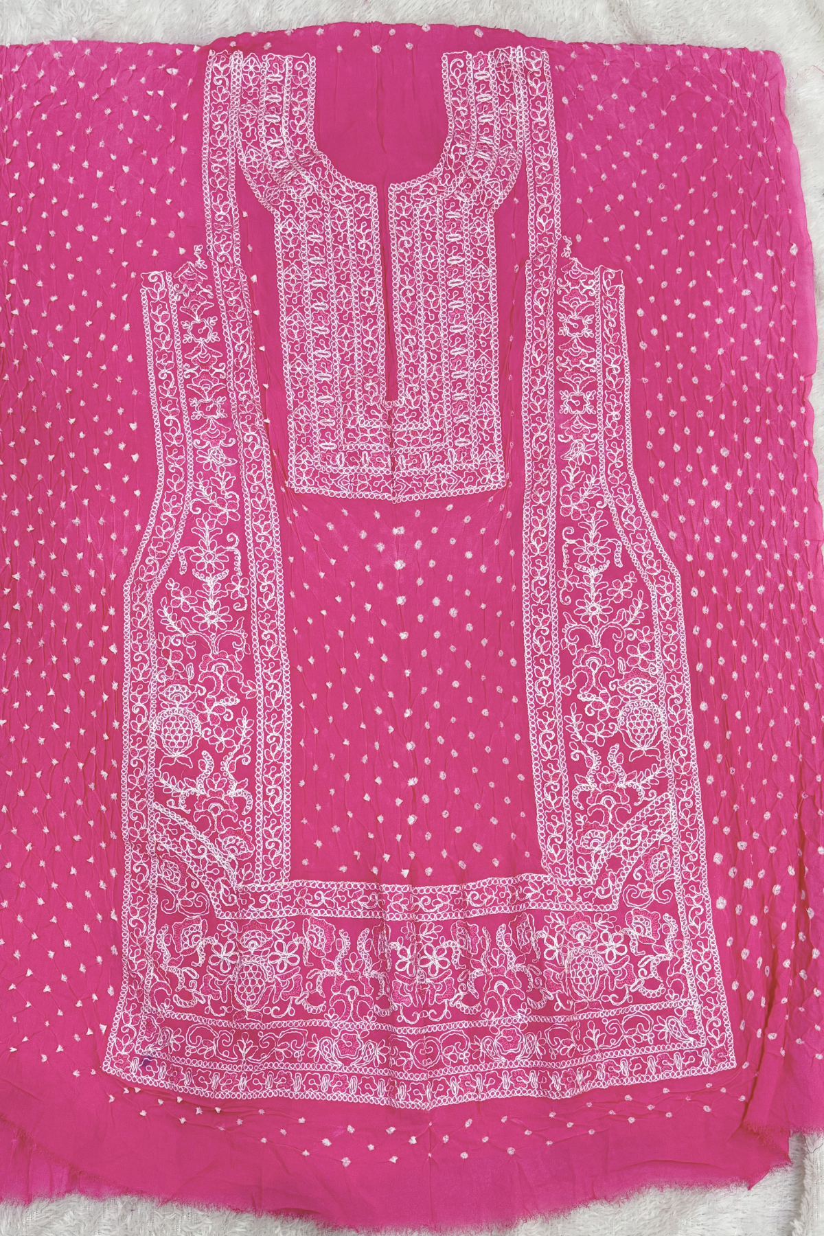 Lucknowi style thread work with bandhej - Neon Pink