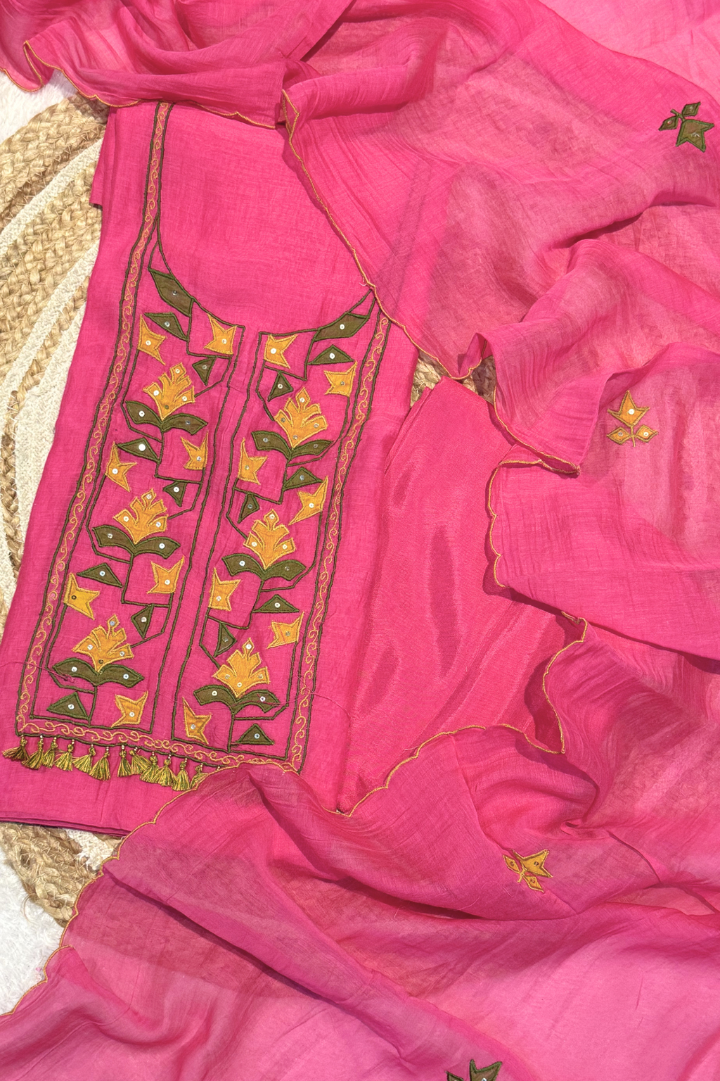 Applique Work Mul Chanderi 3 pc Suit set - Neon Pink