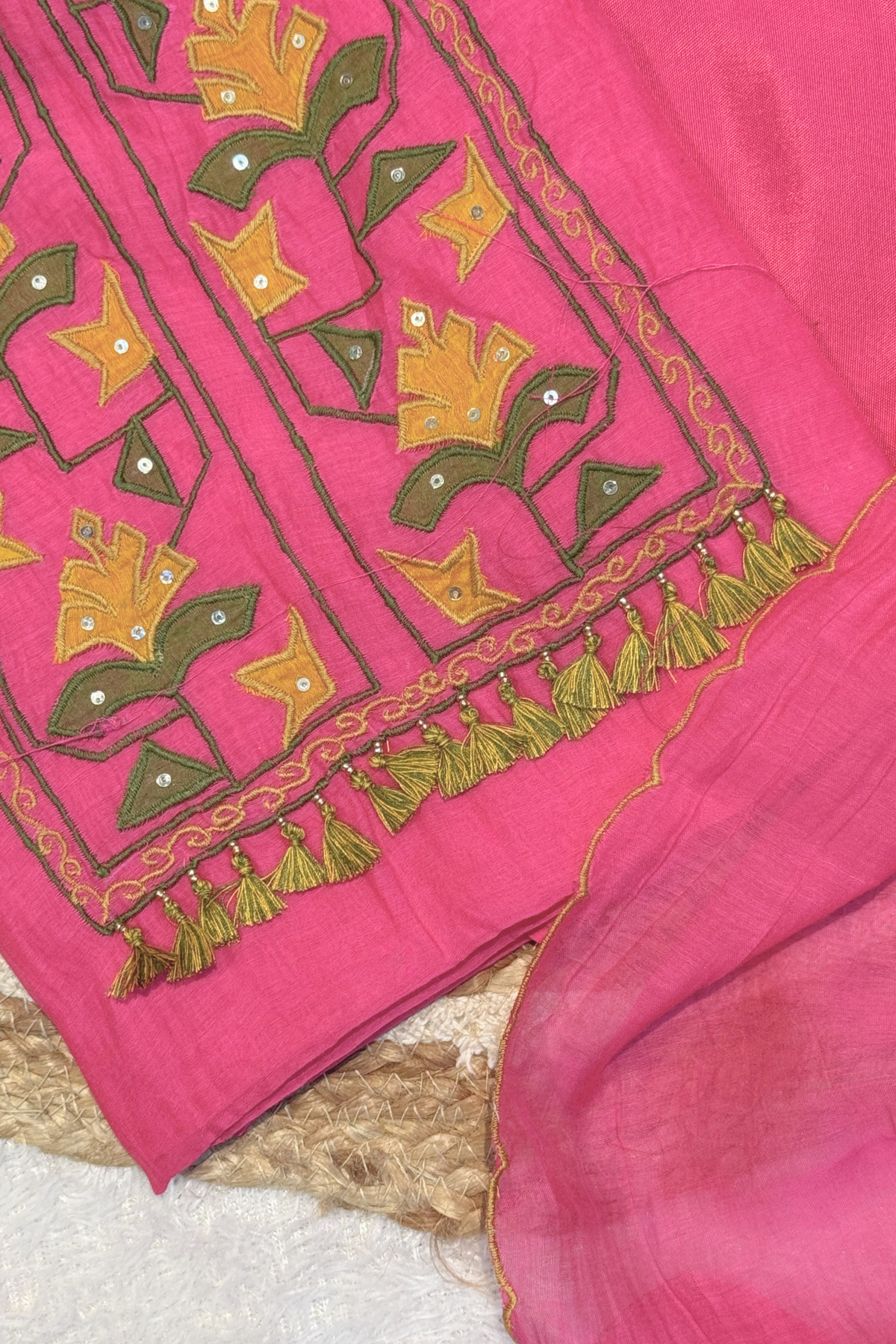 Applique Work Mul Chanderi 3 pc Suit set - Neon Pink
