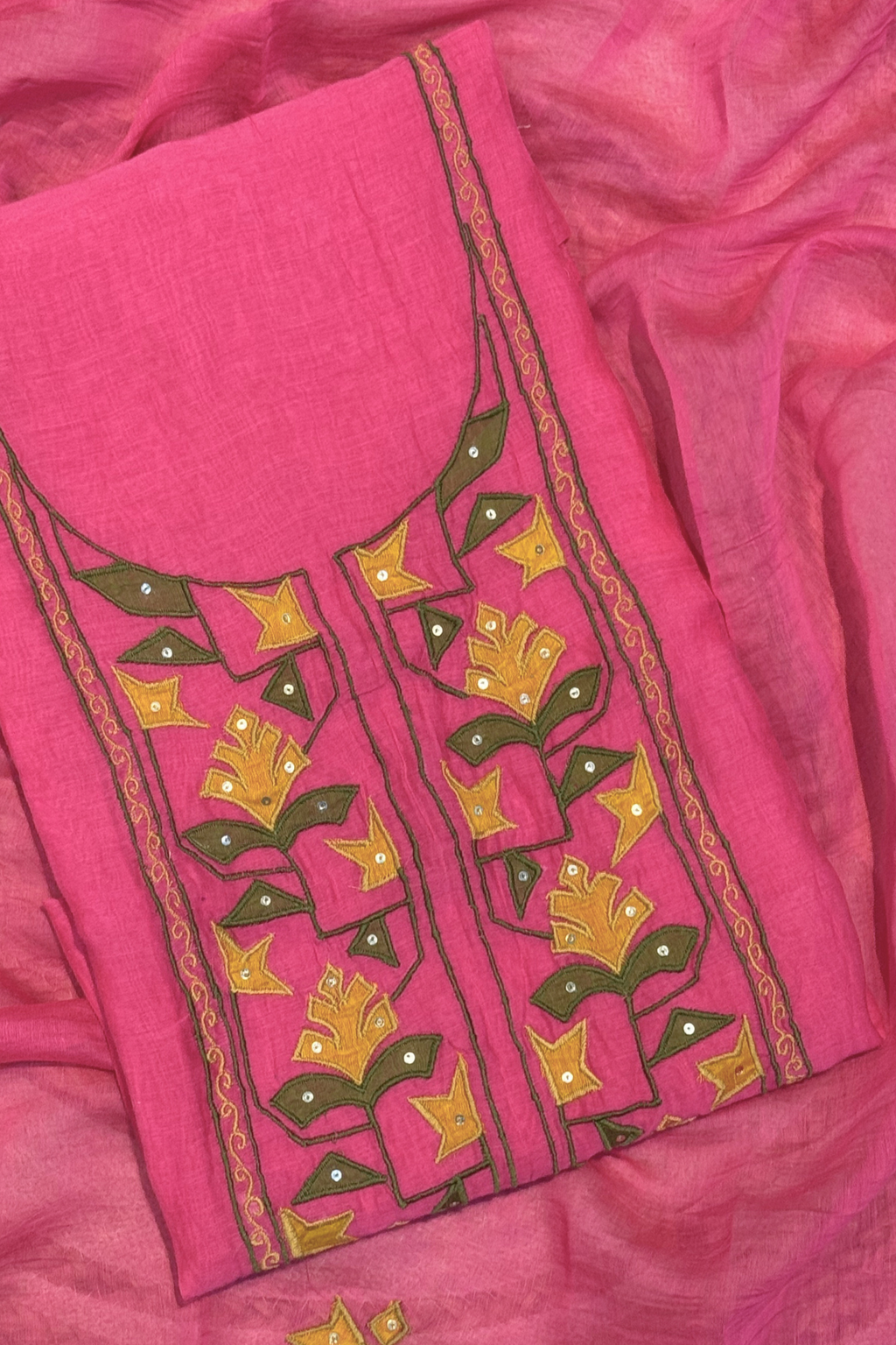 Applique Work Mul Chanderi 3 pc Suit set - Neon Pink