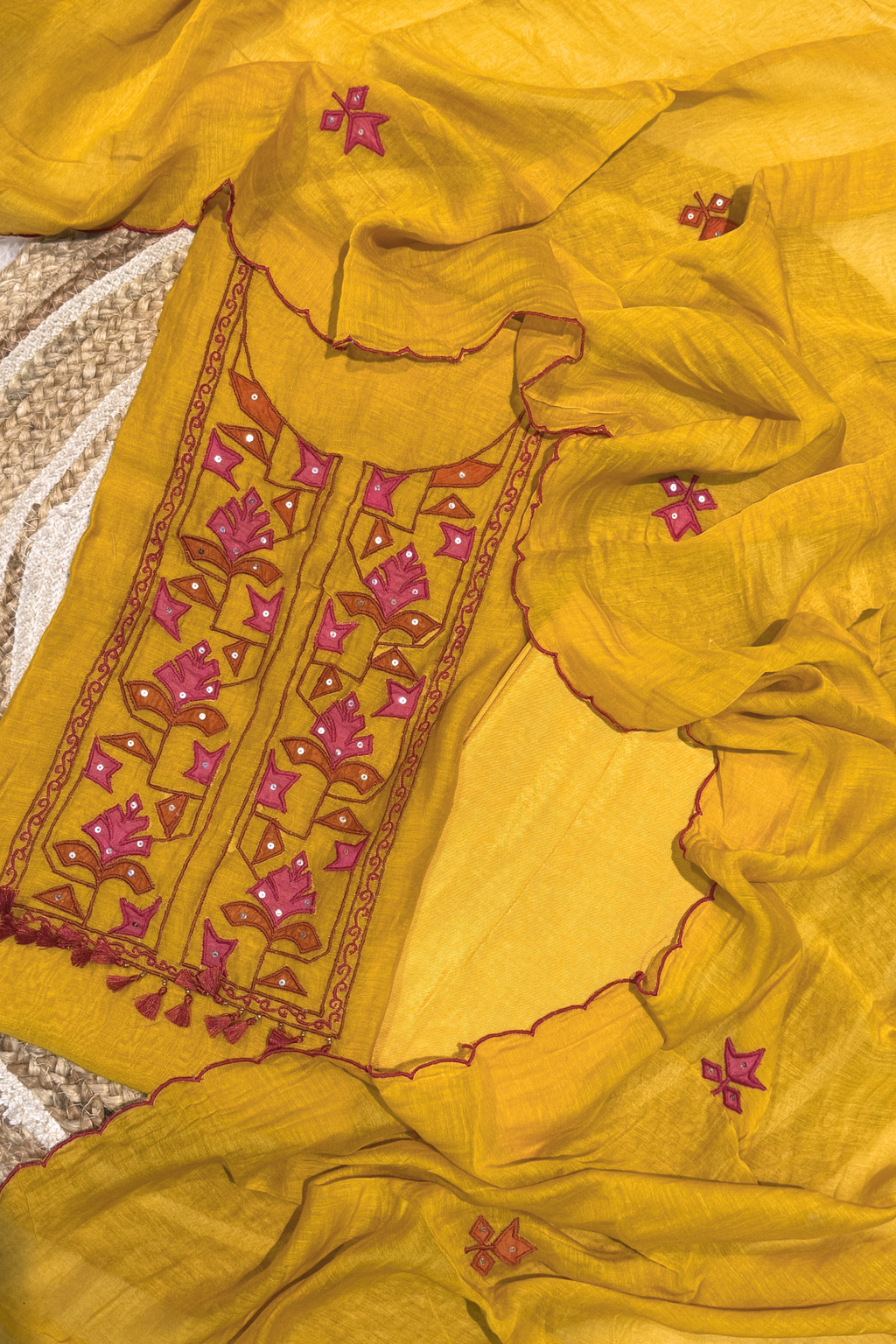 Applique Work Mul Chanderi 3 pc Suit set - Mustard Yellow