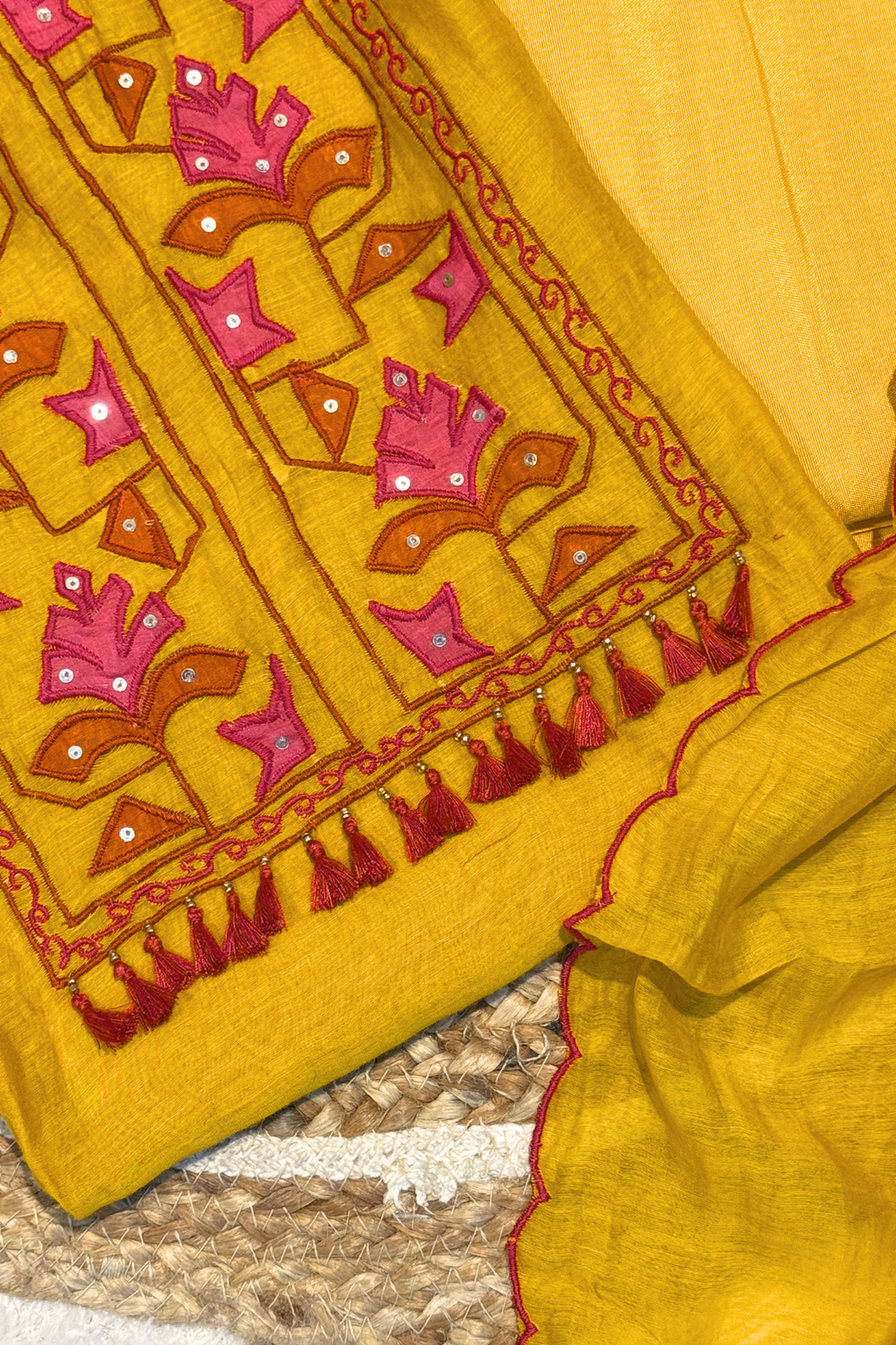 Applique Work Mul Chanderi 3 pc Suit set - Mustard Yellow