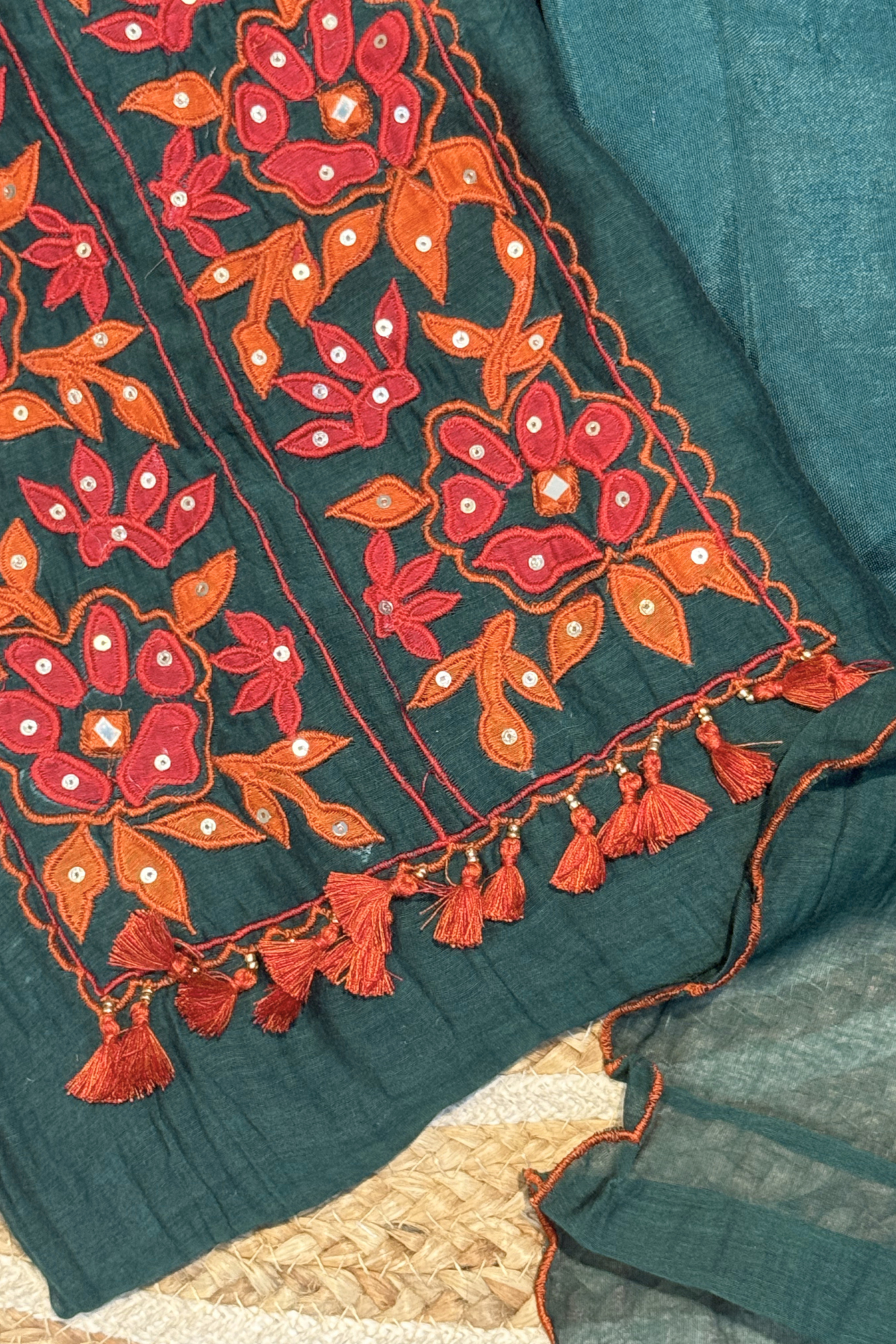 Applique Work Mul Chanderi 3 pc Suit set - Peacock Green