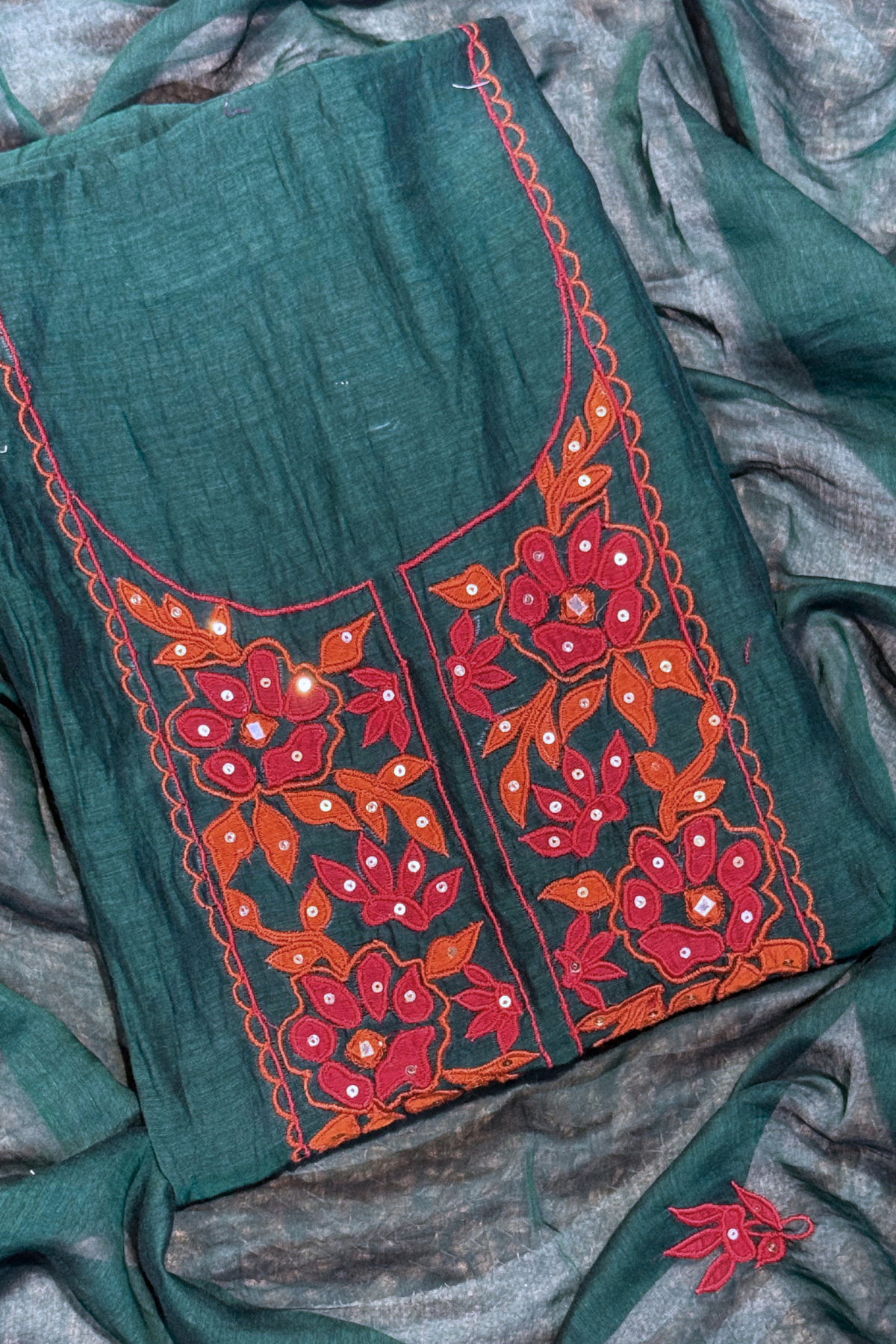 Applique Work Mul Chanderi 3 pc Suit set - Peacock Green
