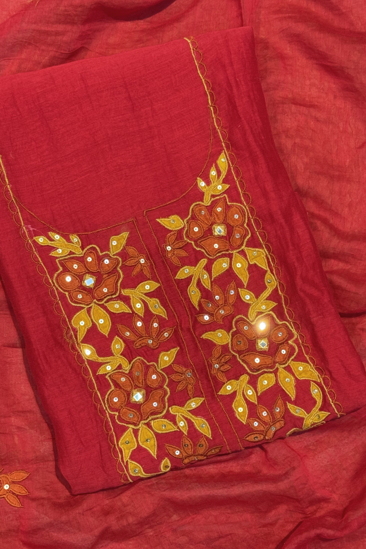 Applique Work Mul Chanderi 3 pc Suit set - Red