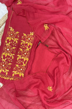 Applique Work Mul Chanderi 3 pc Suit set - Red
