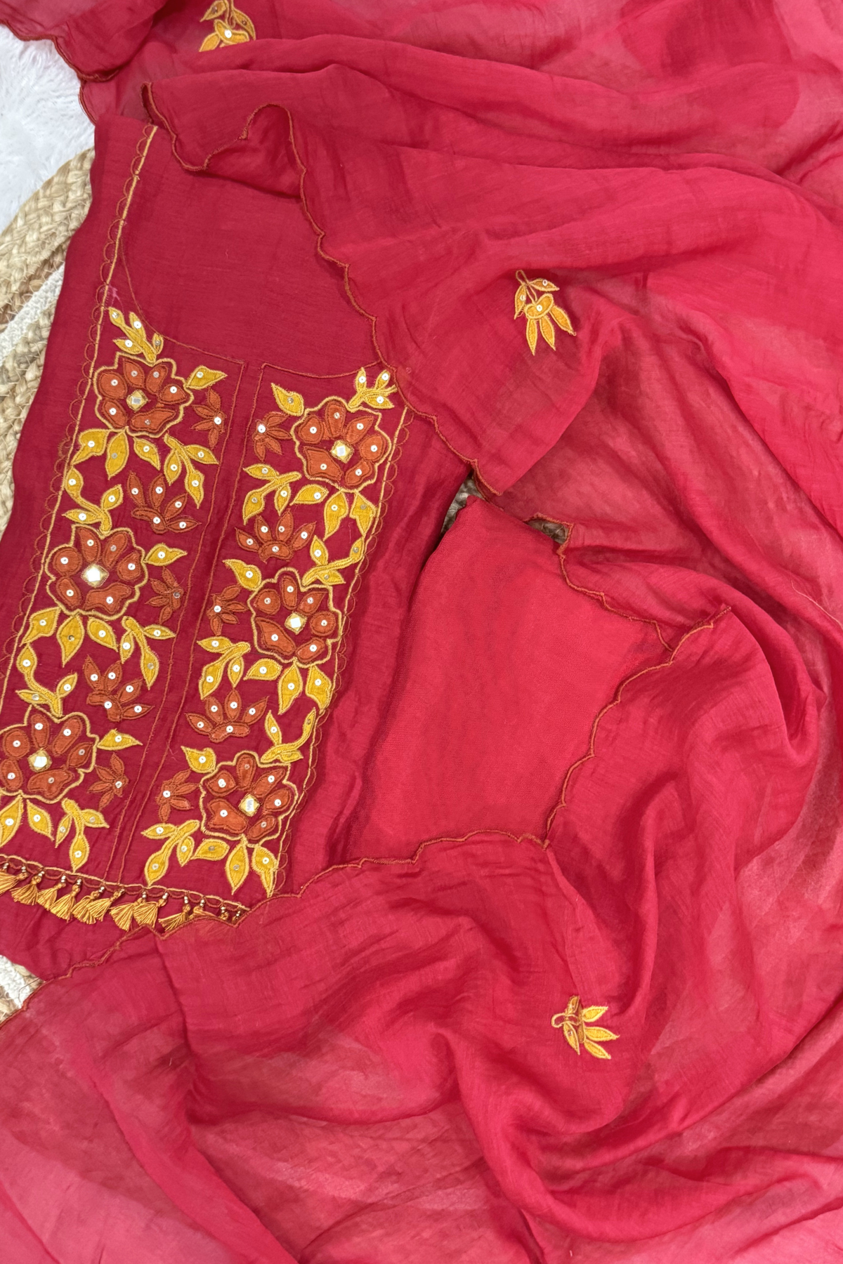 Applique Work Mul Chanderi 3 pc Suit set - Red