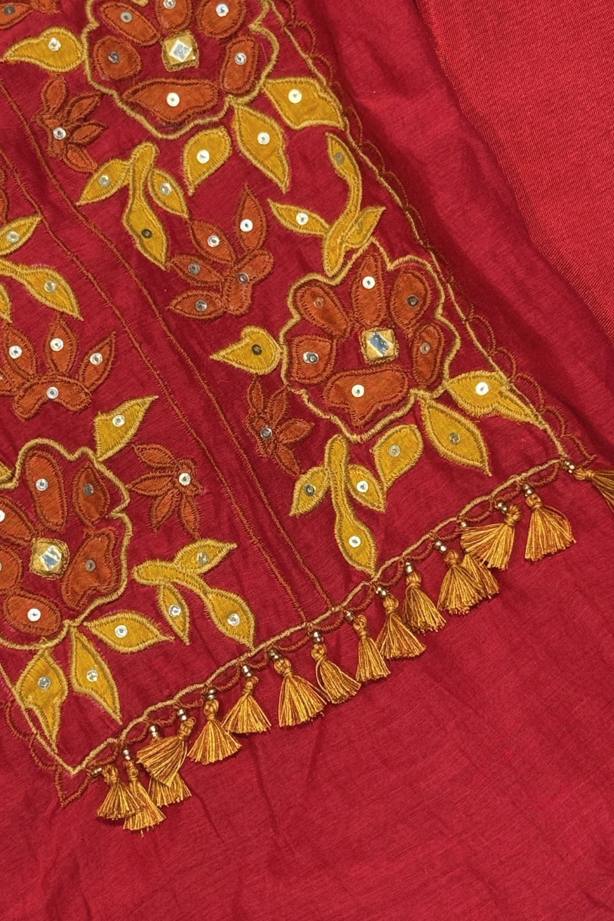 Applique Work Mul Chanderi 3 pc Suit set - Red