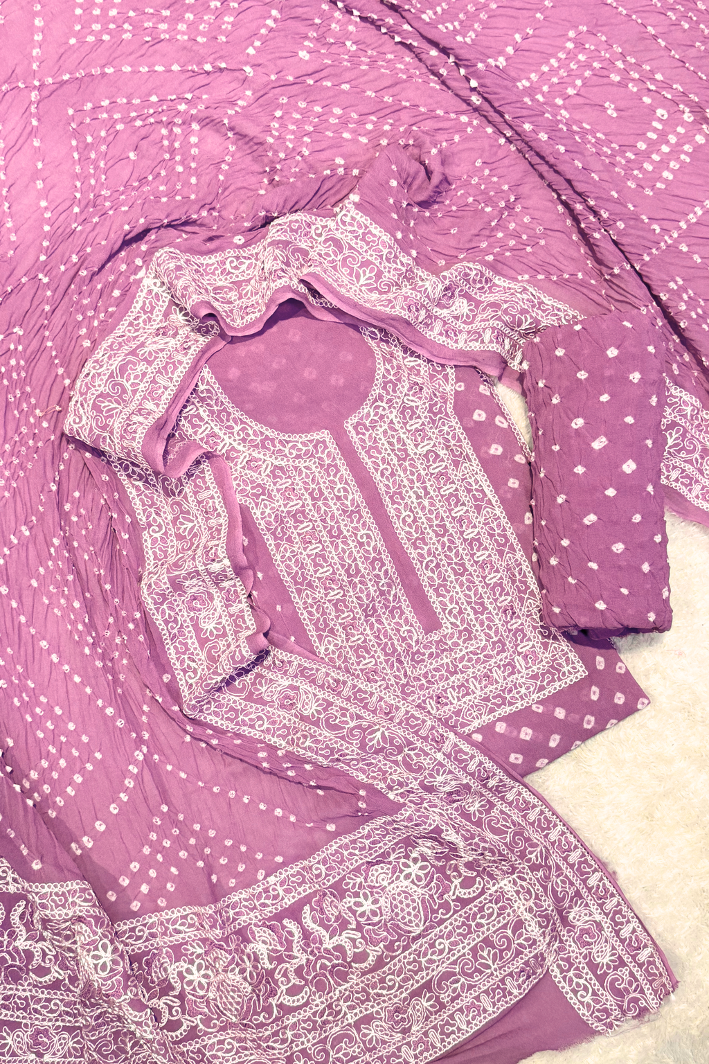 Lucknowi style thread work with bandhej - orchid pink