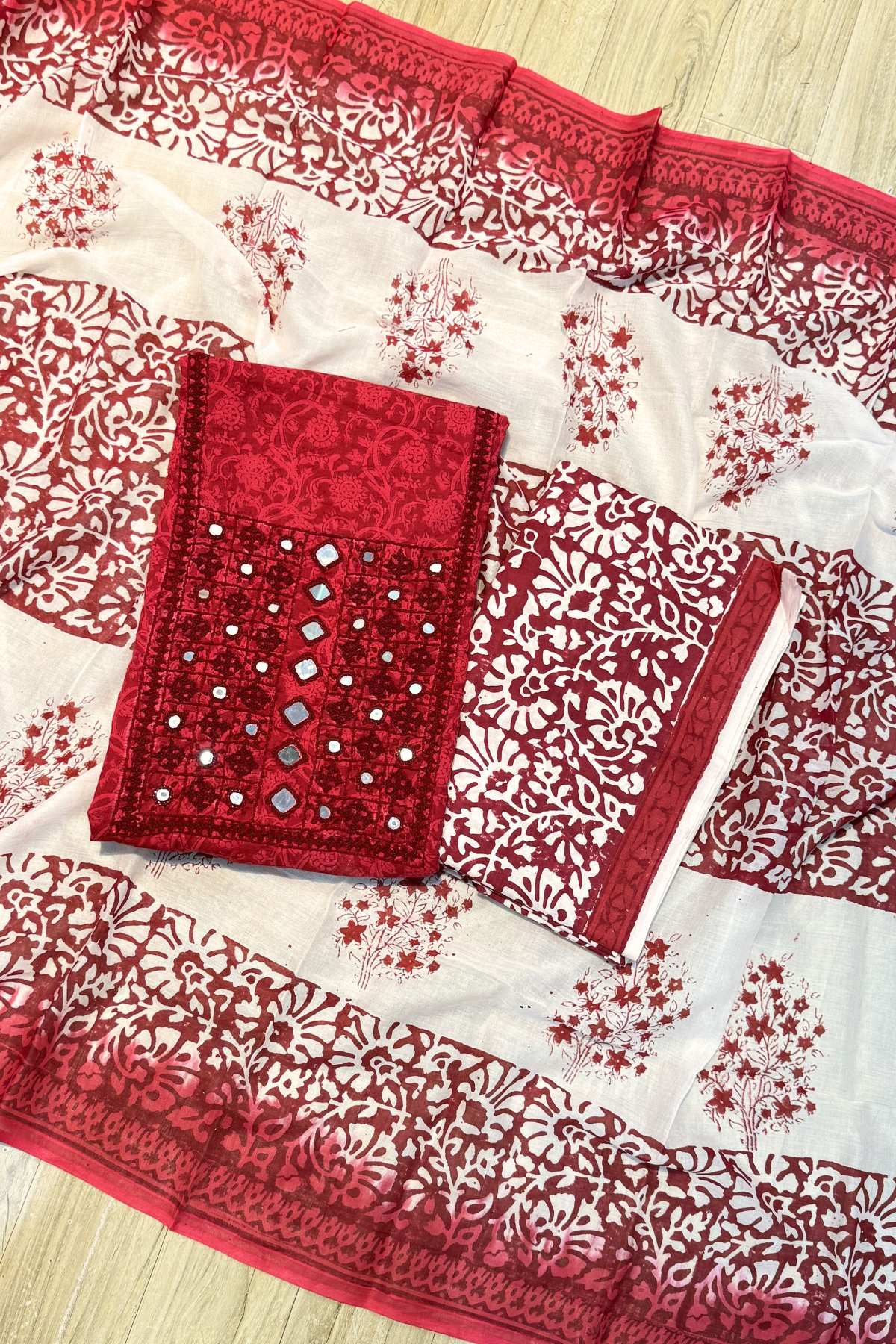 Pure Cotton Mirror Work 3 Piece Unstitched Suit Set - Red maroon