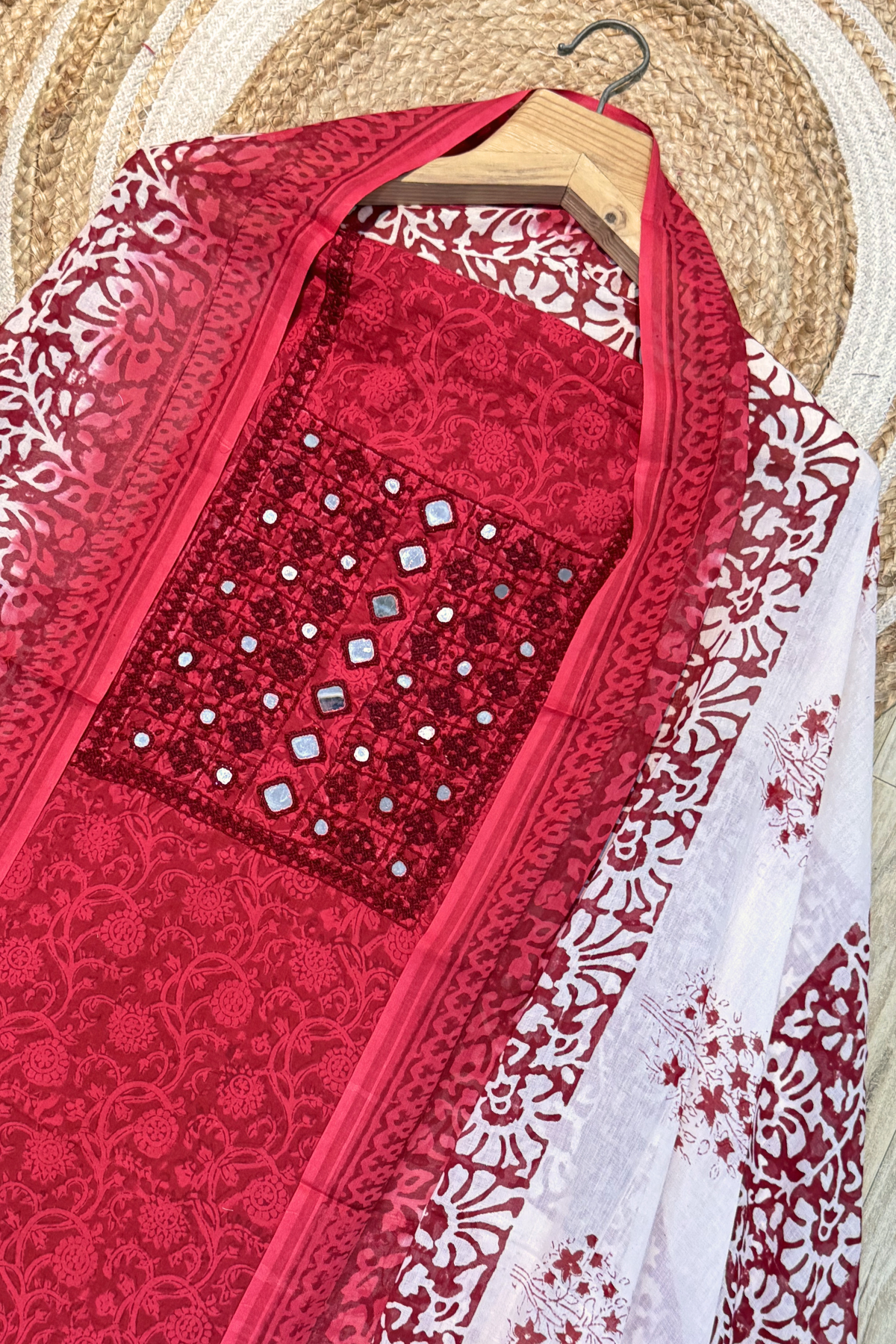 Pure Cotton Mirror Work 3 Piece Unstitched Suit Set - Red maroon