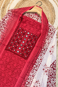 Pure Cotton Mirror Work 3 Piece Unstitched Suit Set - Red maroon