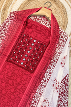 Pure Cotton Mirror Work 3 Piece Unstitched Suit Set - Red maroon