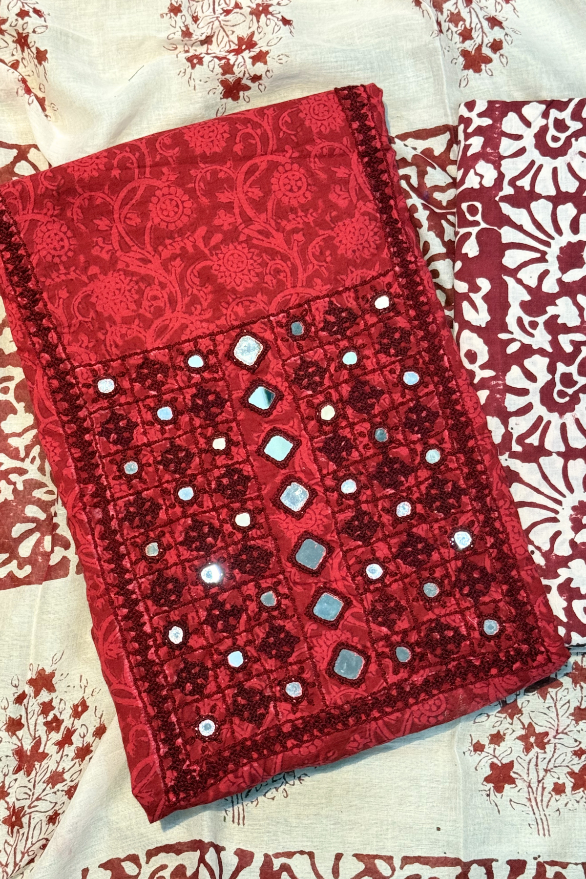 Pure Cotton Mirror Work 3 Piece Unstitched Suit Set - Red maroon