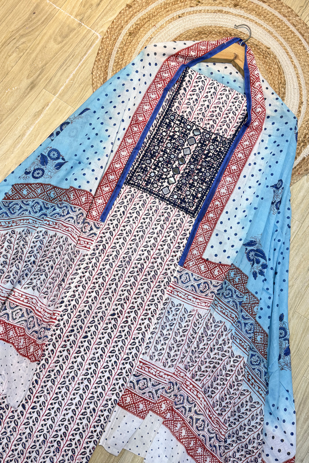 Pure Cotton Mirror Work 3 Piece Unstitched Suit Set - Blue & White