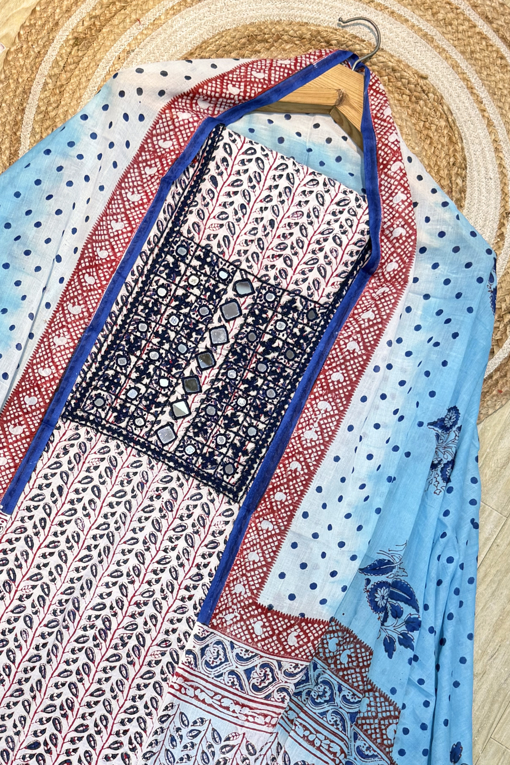 Pure Cotton Mirror Work 3 Piece Unstitched Suit Set - Blue & White