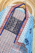 Pure Cotton Mirror Work 3 Piece Unstitched Suit Set - Blue & White