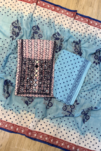 Pure Cotton Mirror Work 3 Piece Unstitched Suit Set - Blue & White