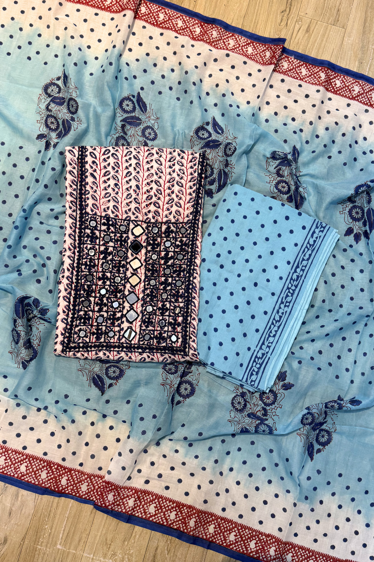 Pure Cotton Mirror Work 3 Piece Unstitched Suit Set - Blue & White