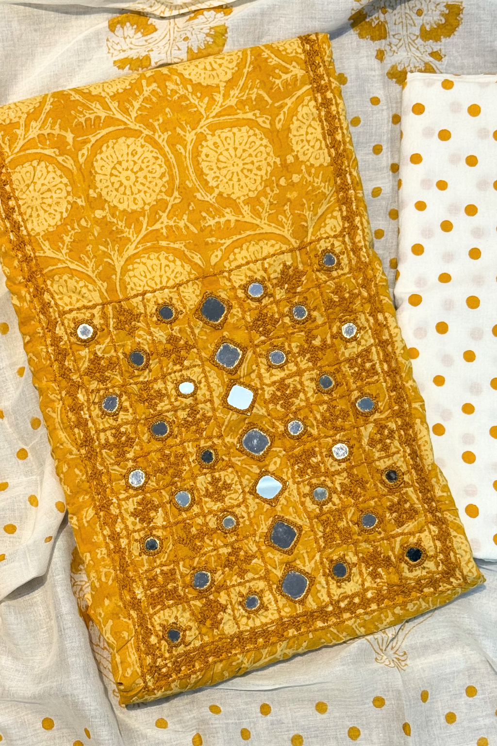 Pure Cotton Mirror Work 3 Piece Unstitched Suit Set - Yellow