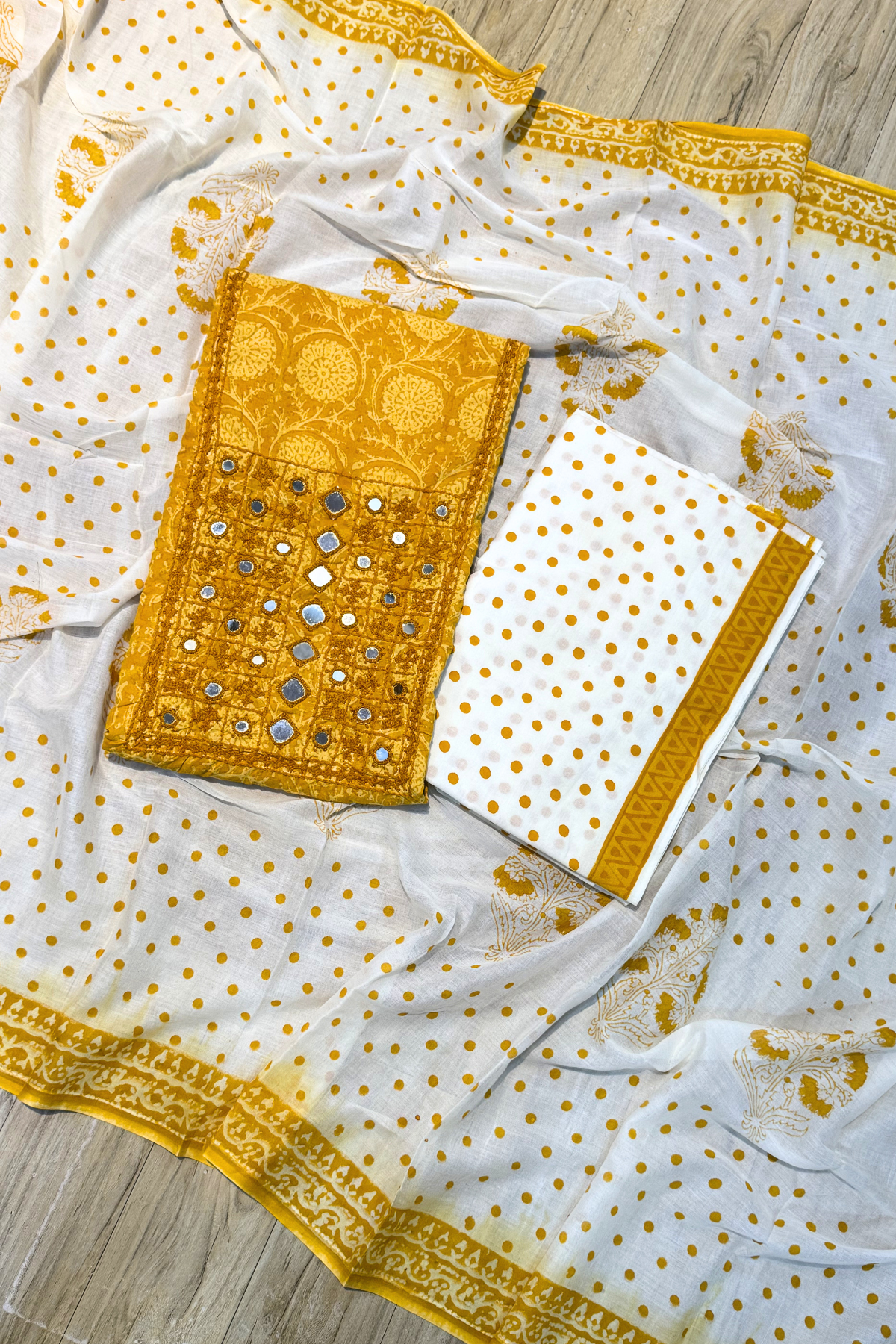 Pure Cotton Mirror Work 3 Piece Unstitched Suit Set - Yellow