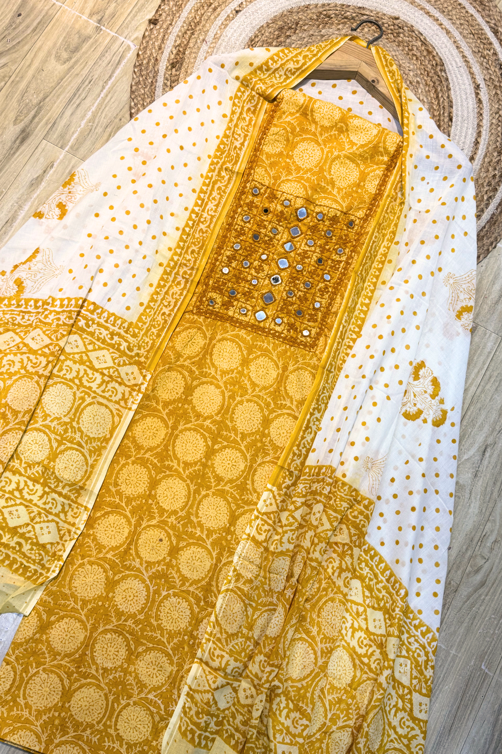 Pure Cotton Mirror Work 3 Piece Unstitched Suit Set - Yellow