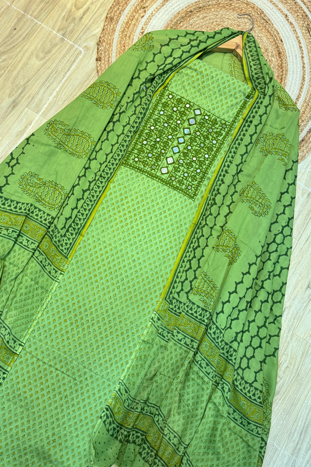 Pure Cotton Mirror Work 3 Piece Unstitched Suit Set - Light Green