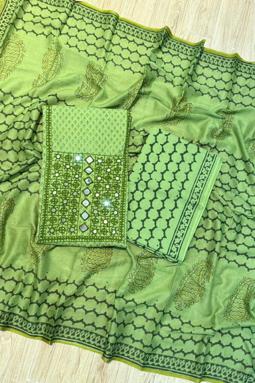 Pure Cotton Mirror Work 3 Piece Unstitched Suit Set - Light Green