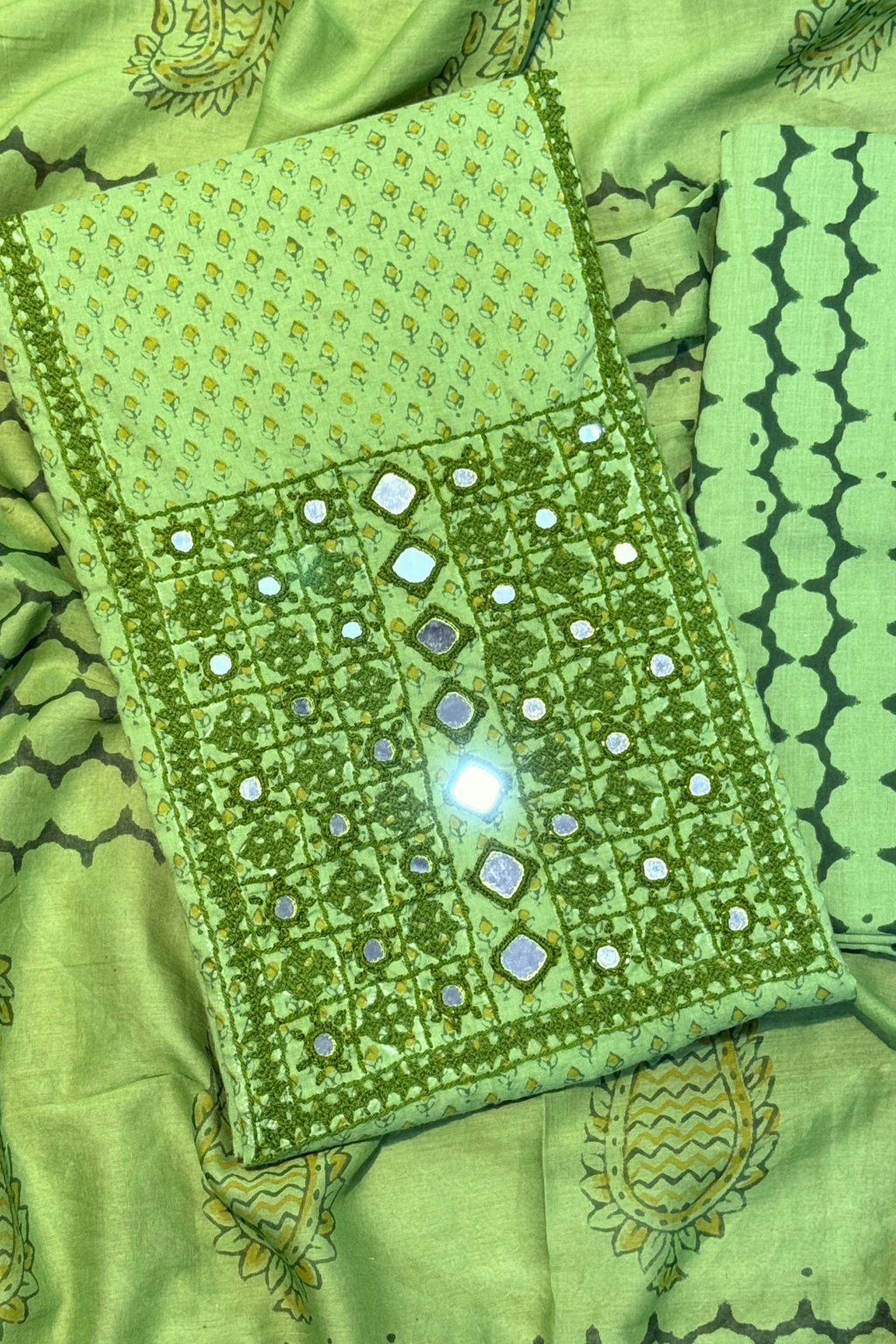 Pure Cotton Mirror Work 3 Piece Unstitched Suit Set - Light Green