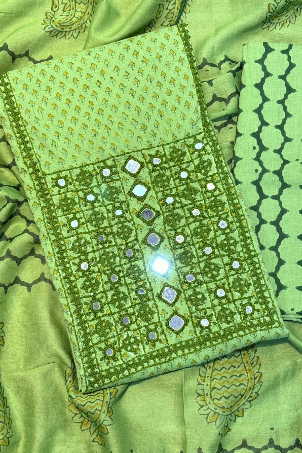 Pure Cotton Mirror Work 3 Piece Unstitched Suit Set - Light Green
