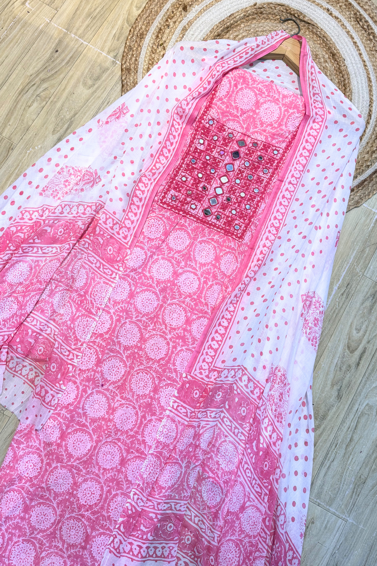Pure Cotton Mirror Work 3 Piece Unstitched Suit Set - Pink
