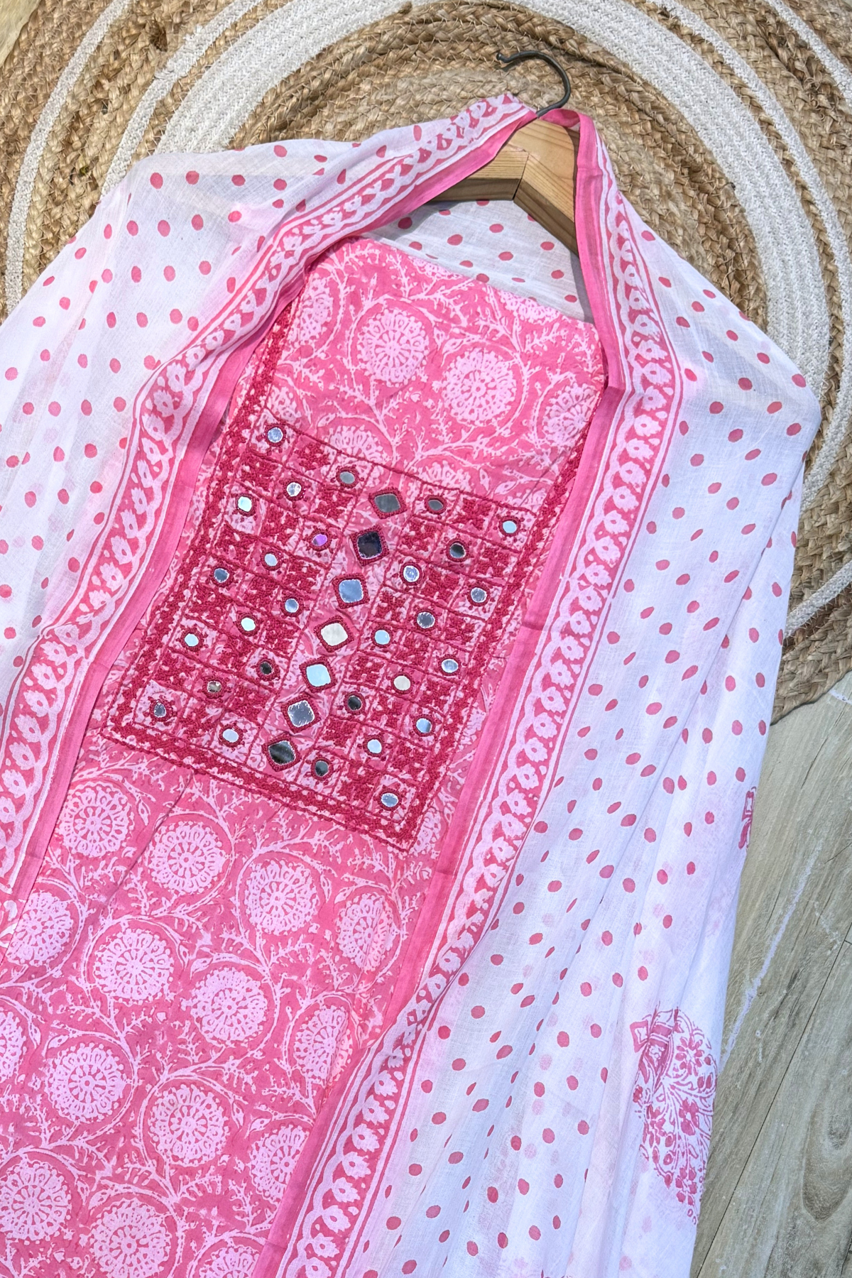 Pure Cotton Mirror Work 3 Piece Unstitched Suit Set - Pink