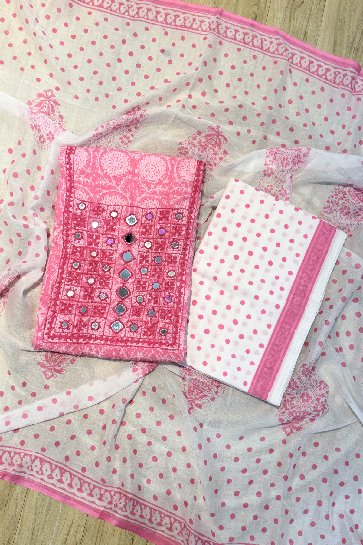 Pure Cotton Mirror Work 3 Piece Unstitched Suit Set - Pink