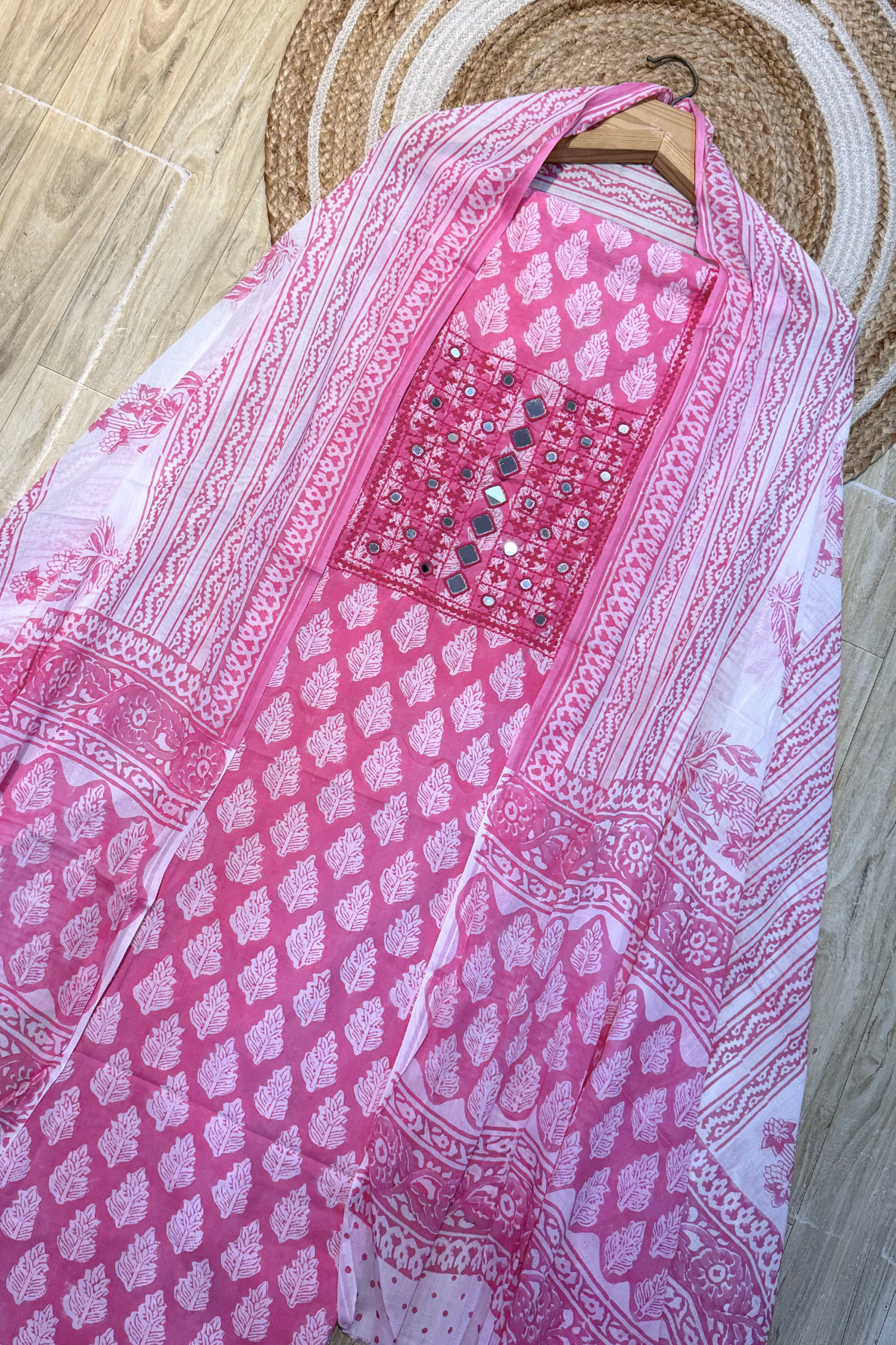 Pure Cotton Mirror Work 3 Piece Unstitched Suit Set With Strips Bottom - Pink (Copy)
