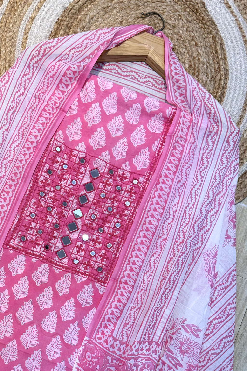 Pure Cotton Mirror Work 3 Piece Unstitched Suit Set With Strips Bottom - Pink (Copy)