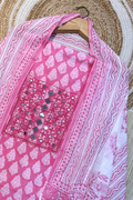 Pure Cotton Mirror Work 3 Piece Unstitched Suit Set With Strips Bottom - Pink (Copy)