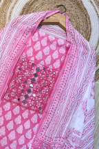Pure Cotton Mirror Work 3 Piece Unstitched Suit Set With Strips Bottom - Pink (Copy)