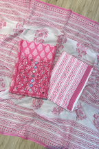 Pure Cotton Mirror Work 3 Piece Unstitched Suit Set With Strips Bottom - Pink (Copy)